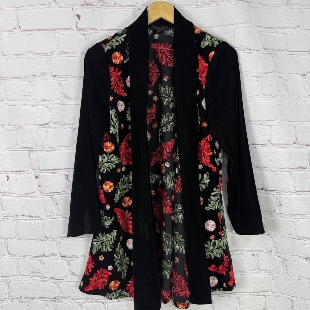 Weavz Black Cardigan Floral Embroidery size small velvet open front waterfall